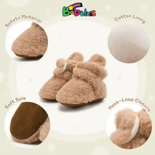 Babelvit Newborn Baby Boy Girl Soft Fleece Booties Stay On Infant Slippers Socks Shoe Non Skid Gripper Toddler First Walkers Winter Ankle Crib Shoes - 6