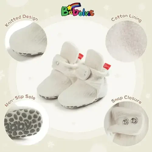 Babelvit Newborn Baby Boy Girl Soft Fleece Booties Stay On Infant Slippers Socks Shoe Non Skid Gripper Toddler First Walkers Winter Ankle Crib Shoes - 5