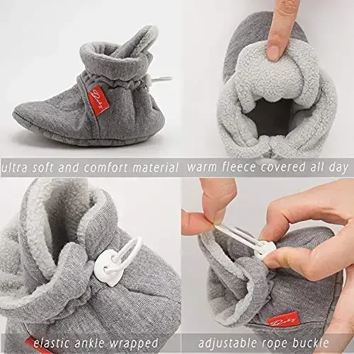 Babelvit Newborn Baby Boy Girl Soft Fleece Booties Stay On Infant Slippers Socks Shoe Non Skid Gripper Toddler First Walkers Winter Ankle Crib Shoes - 3