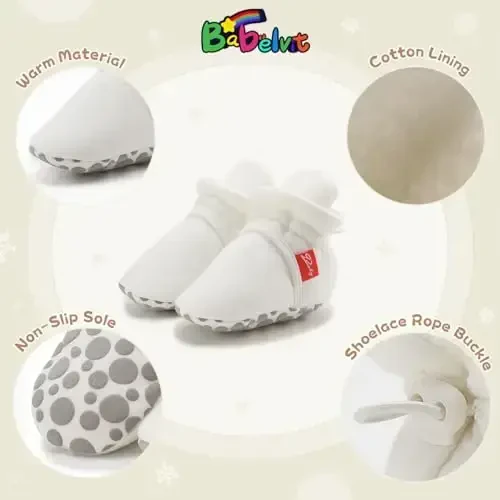 Babelvit Newborn Baby Boy Girl Soft Fleece Booties Stay On Infant Slippers Socks Shoe Non Skid Gripper Toddler First Walkers Winter Ankle Crib Shoes - 5