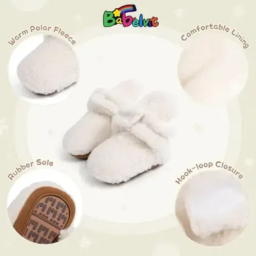 Babelvit Newborn Baby Boy Girl Soft Fleece Booties Stay On Infant Slippers Socks Shoe Non Skid Gripper Toddler First Walkers Winter Ankle Crib Shoes - 5