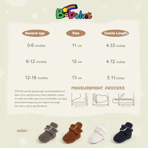 Babelvit Newborn Baby Boy Girl Soft Fleece Booties Stay On Infant Slippers Socks Shoe Non Skid Gripper Toddler First Walkers Winter Ankle Crib Shoes - 6