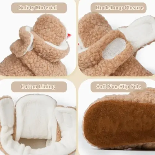 Babelvit Newborn Baby Boy Girl Soft Fleece Booties Stay On Infant Slippers Socks Shoe Non Skid Gripper Toddler First Walkers Winter Ankle Crib Shoes - 5