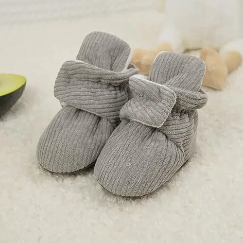 Babelvit Newborn Baby Boy Girl Soft Fleece Booties Stay On Infant Slippers Socks Shoe Non Skid Gripper Toddler First Walkers Winter Ankle Crib Shoes - 3