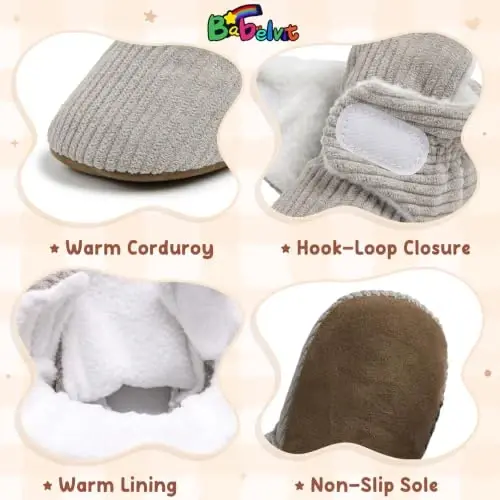 Babelvit Newborn Baby Boy Girl Soft Fleece Booties Stay On Infant Slippers Socks Shoe Non Skid Gripper Toddler First Walkers Winter Ankle Crib Shoes - 5