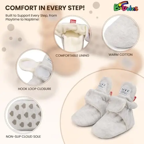 Babelvit Newborn Baby Boy Girl Soft Fleece Booties Stay On Infant Slippers Socks Shoe Non Skid Gripper Toddler First Walkers Winter Ankle Crib Shoes - 5