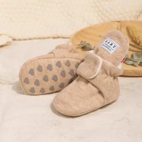 Babelvit Newborn Baby Boy Girl Soft Fleece Booties Stay On Infant Slippers Socks Shoe Non Skid Gripper Toddler First Walkers Winter Ankle Crib Shoes - 4