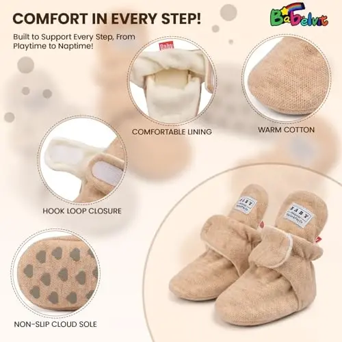 Babelvit Newborn Baby Boy Girl Soft Fleece Booties Stay On Infant Slippers Socks Shoe Non Skid Gripper Toddler First Walkers Winter Ankle Crib Shoes - 5