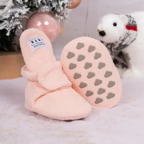 Babelvit Newborn Baby Boy Girl Soft Fleece Booties Stay On Infant Slippers Socks Shoe Non Skid Gripper Toddler First Walkers Winter Ankle Crib Shoes - 3