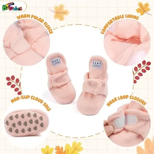Babelvit Newborn Baby Boy Girl Soft Fleece Booties Stay On Infant Slippers Socks Shoe Non Skid Gripper Toddler First Walkers Winter Ankle Crib Shoes - 5