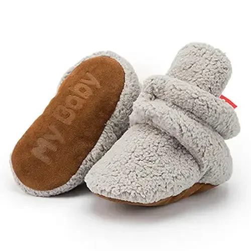 Babelvit Newborn Baby Boy Girl Soft Fleece Booties Stay On Infant Slippers Socks Shoe Non Skid Gripper Toddler First Walkers Winter Ankle Crib Shoes - 1