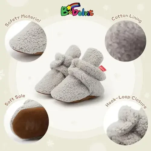 Babelvit Newborn Baby Boy Girl Soft Fleece Booties Stay On Infant Slippers Socks Shoe Non Skid Gripper Toddler First Walkers Winter Ankle Crib Shoes - 5