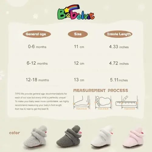Babelvit Newborn Baby Boy Girl Soft Fleece Booties Stay On Infant Slippers Socks Shoe Non Skid Gripper Toddler First Walkers Winter Ankle Crib Shoes - 6