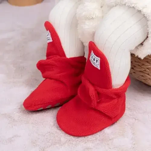 Babelvit Newborn Baby Boy Girl Soft Fleece Booties Stay On Infant Slippers Socks Shoe Non Skid Gripper Toddler First Walkers Winter Ankle Crib Shoes - 2