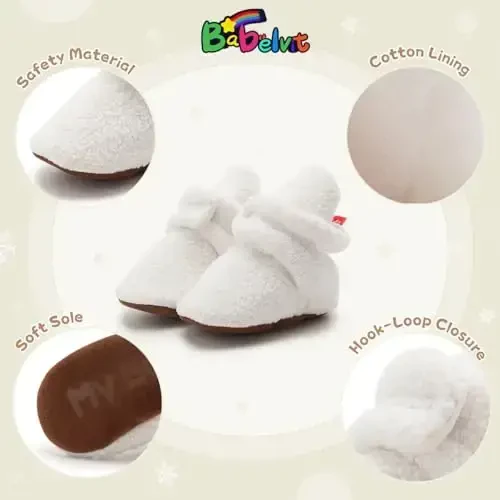 Babelvit Newborn Baby Boy Girl Soft Fleece Booties Stay On Infant Slippers Socks Shoe Non Skid Gripper Toddler First Walkers Winter Ankle Crib Shoes - 5
