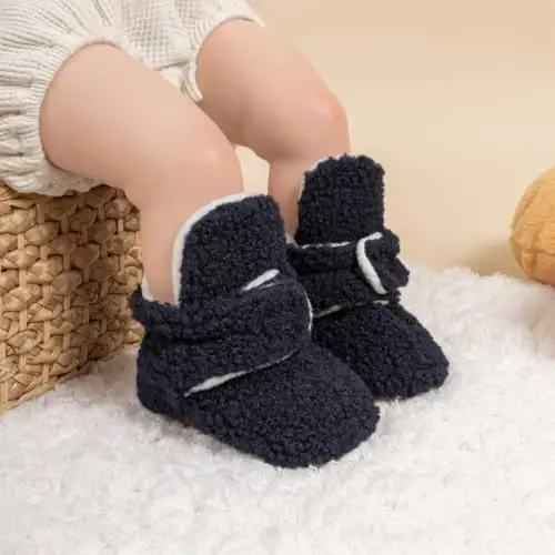 Babelvit Newborn Baby Boy Girl Soft Fleece Booties Stay On Infant Slippers Socks Shoe Non Skid Gripper Toddler First Walkers Winter Ankle Crib Shoes - 2
