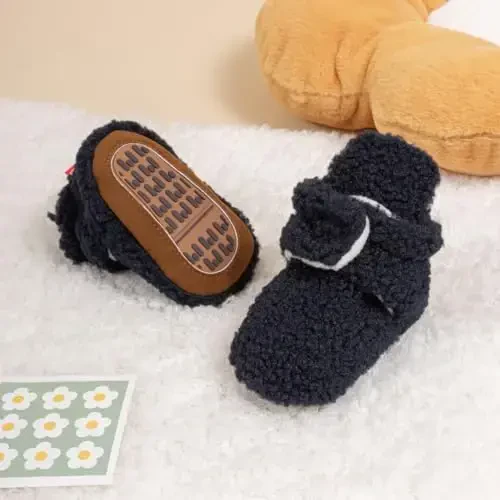 Babelvit Newborn Baby Boy Girl Soft Fleece Booties Stay On Infant Slippers Socks Shoe Non Skid Gripper Toddler First Walkers Winter Ankle Crib Shoes - 3