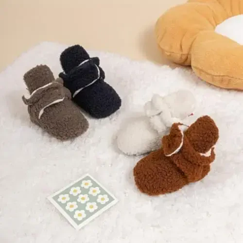 Babelvit Newborn Baby Boy Girl Soft Fleece Booties Stay On Infant Slippers Socks Shoe Non Skid Gripper Toddler First Walkers Winter Ankle Crib Shoes - 4