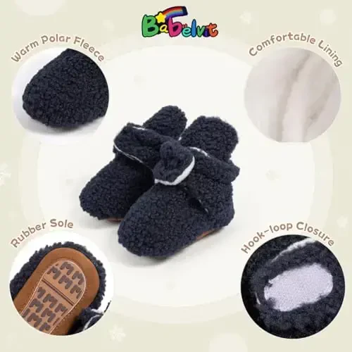 Babelvit Newborn Baby Boy Girl Soft Fleece Booties Stay On Infant Slippers Socks Shoe Non Skid Gripper Toddler First Walkers Winter Ankle Crib Shoes - 5