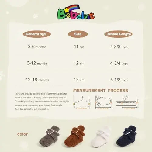 Babelvit Newborn Baby Boy Girl Soft Fleece Booties Stay On Infant Slippers Socks Shoe Non Skid Gripper Toddler First Walkers Winter Ankle Crib Shoes - 6
