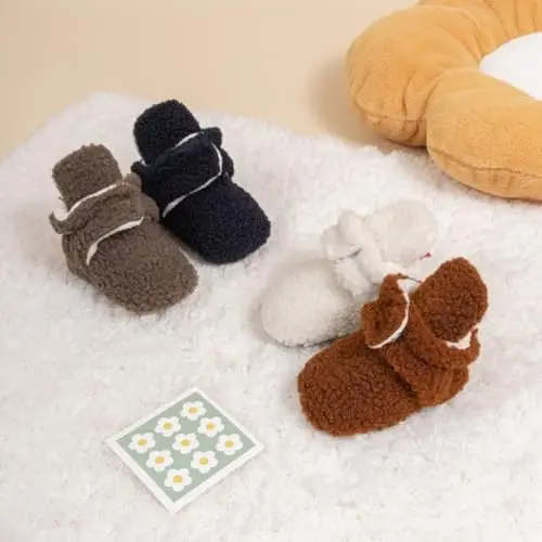 Babelvit Newborn Baby Boy Girl Soft Fleece Booties Stay On Infant Slippers Socks Shoe Non Skid Gripper Toddler First Walkers Winter Ankle Crib Shoes - 4