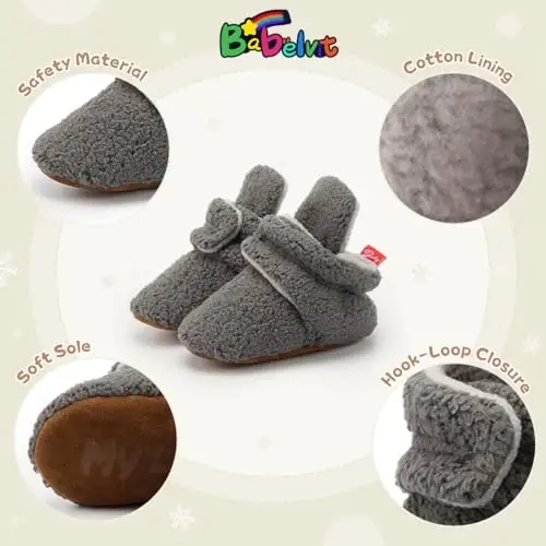 Babelvit Newborn Baby Boy Girl Soft Fleece Booties Stay On Infant Slippers Socks Shoe Non Skid Gripper Toddler First Walkers Winter Ankle Crib Shoes - 5
