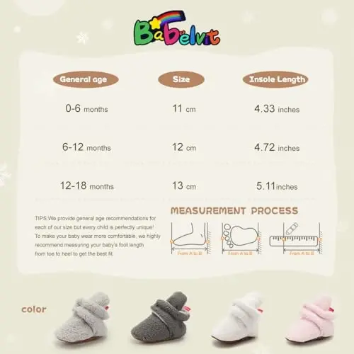 Babelvit Newborn Baby Boy Girl Soft Fleece Booties Stay On Infant Slippers Socks Shoe Non Skid Gripper Toddler First Walkers Winter Ankle Crib Shoes - 6
