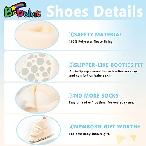 Babelvit Newborn Baby Boy Girl Soft Fleece Booties Stay On Infant Slippers Socks Shoe Non Skid Gripper Toddler First Walkers Winter Ankle Crib Shoes - 5
