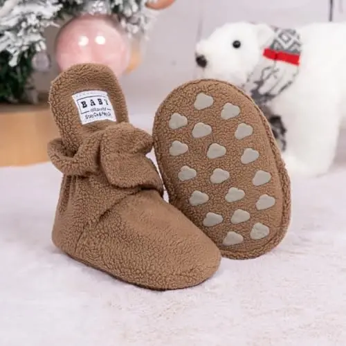 Babelvit Newborn Baby Boy Girl Soft Fleece Booties Stay On Infant Slippers Socks Shoe Non Skid Gripper Toddler First Walkers Winter Ankle Crib Shoes - 3