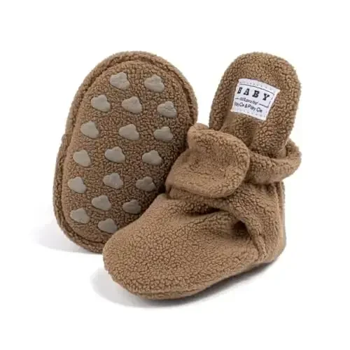 Babelvit Newborn Baby Boy Girl Soft Fleece Booties Stay On Infant Slippers Socks Shoe Non Skid Gripper Toddler First Walkers Winter Ankle Crib Shoes 