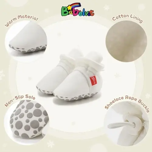 Babelvit Newborn Baby Boy Girl Soft Fleece Booties Stay On Infant Slippers Socks Shoe Non Skid Gripper Toddler First Walkers Winter Ankle Crib Shoes - 5