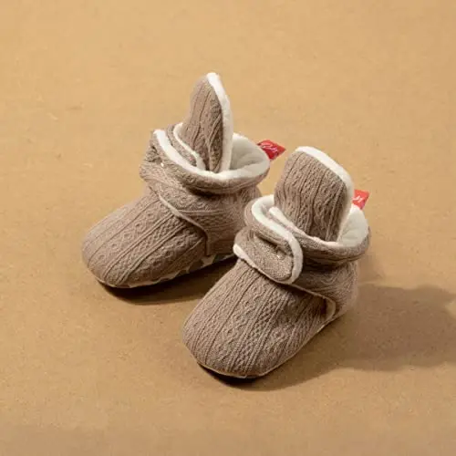 Babelvit Newborn Baby Boy Girl Soft Fleece Booties Stay On Infant Slippers Socks Shoe Non Skid Gripper Toddler First Walkers Winter Ankle Crib Shoes - 3