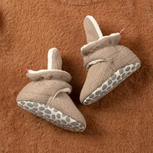Babelvit Newborn Baby Boy Girl Soft Fleece Booties Stay On Infant Slippers Socks Shoe Non Skid Gripper Toddler First Walkers Winter Ankle Crib Shoes - 4