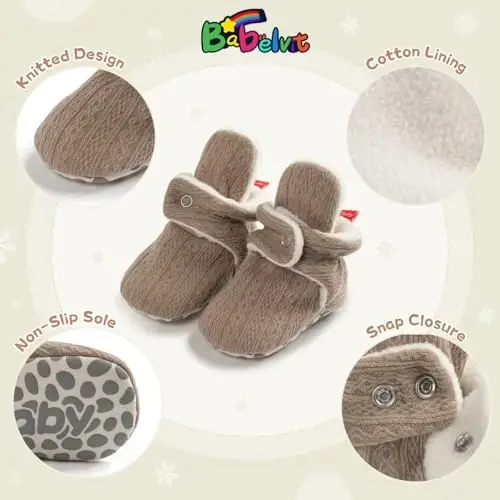 Babelvit Newborn Baby Boy Girl Soft Fleece Booties Stay On Infant Slippers Socks Shoe Non Skid Gripper Toddler First Walkers Winter Ankle Crib Shoes - 5