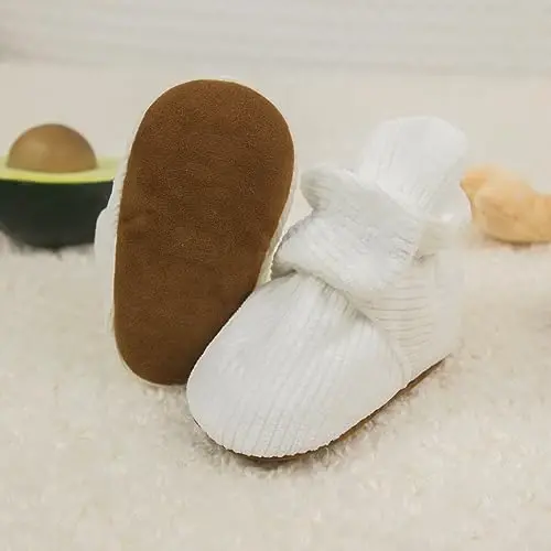 Babelvit Newborn Baby Boy Girl Soft Fleece Booties Stay On Infant Slippers Socks Shoe Non Skid Gripper Toddler First Walkers Winter Ankle Crib Shoes - 4