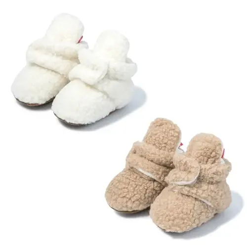 Babelvit Newborn Baby Boy Girl Soft Fleece Booties Stay On Infant Slippers Socks Shoe Non Skid Gripper Toddler First Walkers Winter Ankle Crib Shoes - 1
