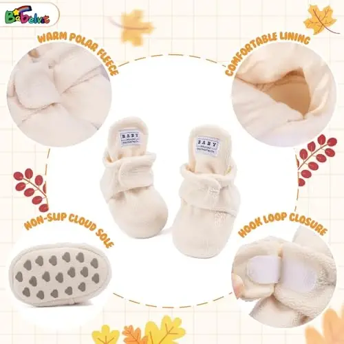 Babelvit Newborn Baby Boy Girl Soft Fleece Booties Stay On Infant Slippers Socks Shoe Non Skid Gripper Toddler First Walkers Winter Ankle Crib Shoes - 5
