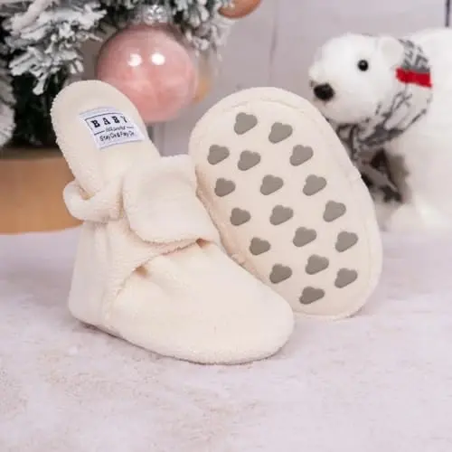Babelvit Newborn Baby Boy Girl Soft Fleece Booties Stay On Infant Slippers Socks Shoe Non Skid Gripper Toddler First Walkers Winter Ankle Crib Shoes - 3