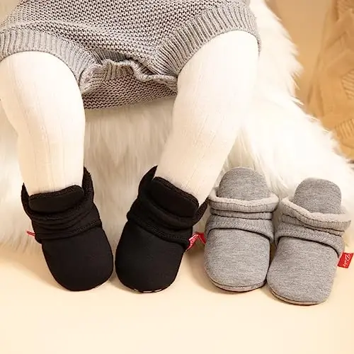 Babelvit Newborn Baby Boy Girl Soft Fleece Booties Stay On Infant Slippers Socks Shoe Non Skid Gripper Toddler First Walkers Winter Ankle Crib Shoes - 2