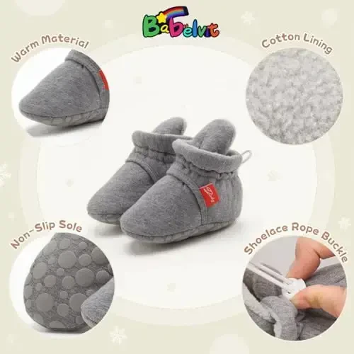 Babelvit Newborn Baby Boy Girl Soft Fleece Booties Stay On Infant Slippers Socks Shoe Non Skid Gripper Toddler First Walkers Winter Ankle Crib Shoes - 5