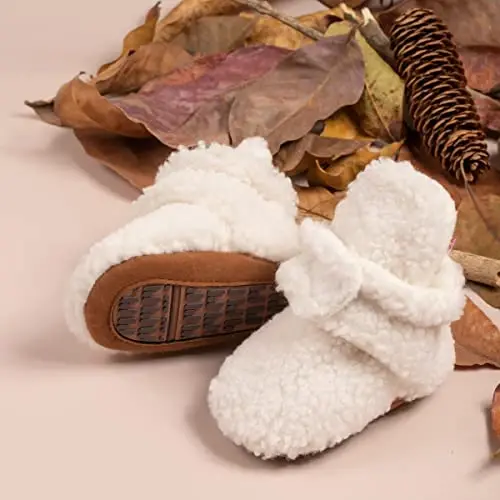 Babelvit Newborn Baby Boy Girl Soft Fleece Booties Stay On Infant Slippers Socks Shoe Non Skid Gripper Toddler First Walkers Winter Ankle Crib Shoes - 3