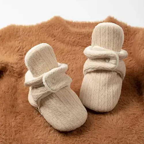 Babelvit Newborn Baby Boy Girl Soft Fleece Booties Stay On Infant Slippers Socks Shoe Non Skid Gripper Toddler First Walkers Winter Ankle Crib Shoes - 3
