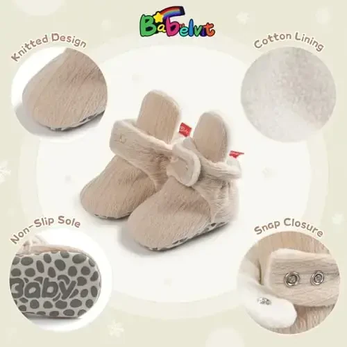 Babelvit Newborn Baby Boy Girl Soft Fleece Booties Stay On Infant Slippers Socks Shoe Non Skid Gripper Toddler First Walkers Winter Ankle Crib Shoes - 5