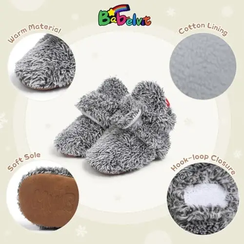 Babelvit Newborn Baby Boy Girl Soft Fleece Booties Stay On Infant Slippers Socks Shoe Non Skid Gripper Toddler First Walkers Winter Ankle Crib Shoes - 5