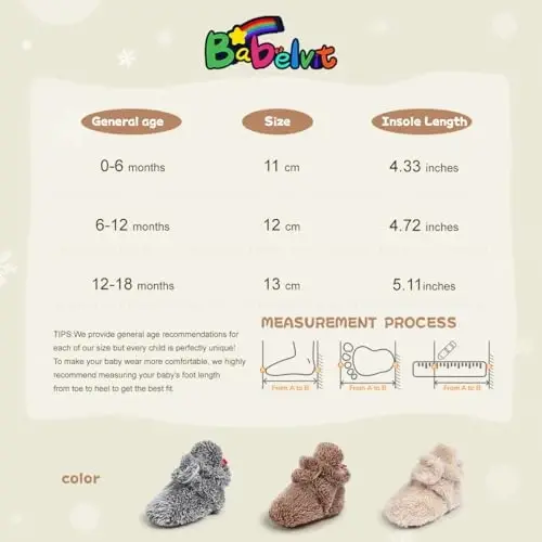 Babelvit Newborn Baby Boy Girl Soft Fleece Booties Stay On Infant Slippers Socks Shoe Non Skid Gripper Toddler First Walkers Winter Ankle Crib Shoes - 6
