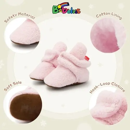 Babelvit Newborn Baby Boy Girl Soft Fleece Booties Stay On Infant Slippers Socks Shoe Non Skid Gripper Toddler First Walkers Winter Ankle Crib Shoes - 5