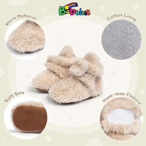 Babelvit Newborn Baby Boy Girl Soft Fleece Booties Stay On Infant Slippers Socks Shoe Non Skid Gripper Toddler First Walkers Winter Ankle Crib Shoes - 5