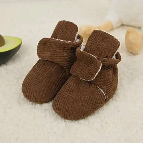 Babelvit Newborn Baby Boy Girl Soft Fleece Booties Stay On Infant Slippers Socks Shoe Non Skid Gripper Toddler First Walkers Winter Ankle Crib Shoes - 3