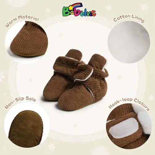 Babelvit Newborn Baby Boy Girl Soft Fleece Booties Stay On Infant Slippers Socks Shoe Non Skid Gripper Toddler First Walkers Winter Ankle Crib Shoes - 5