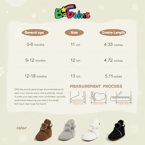 Babelvit Newborn Baby Boy Girl Soft Fleece Booties Stay On Infant Slippers Socks Shoe Non Skid Gripper Toddler First Walkers Winter Ankle Crib Shoes - 6